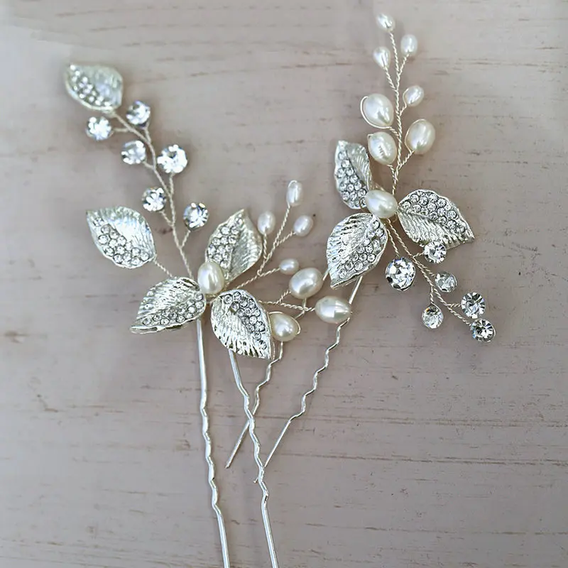 

2Pcs/set Hairpin Rhinestone Silver Leaf Hair Jewelry Bridal Wedding In Women's Hair Accessories