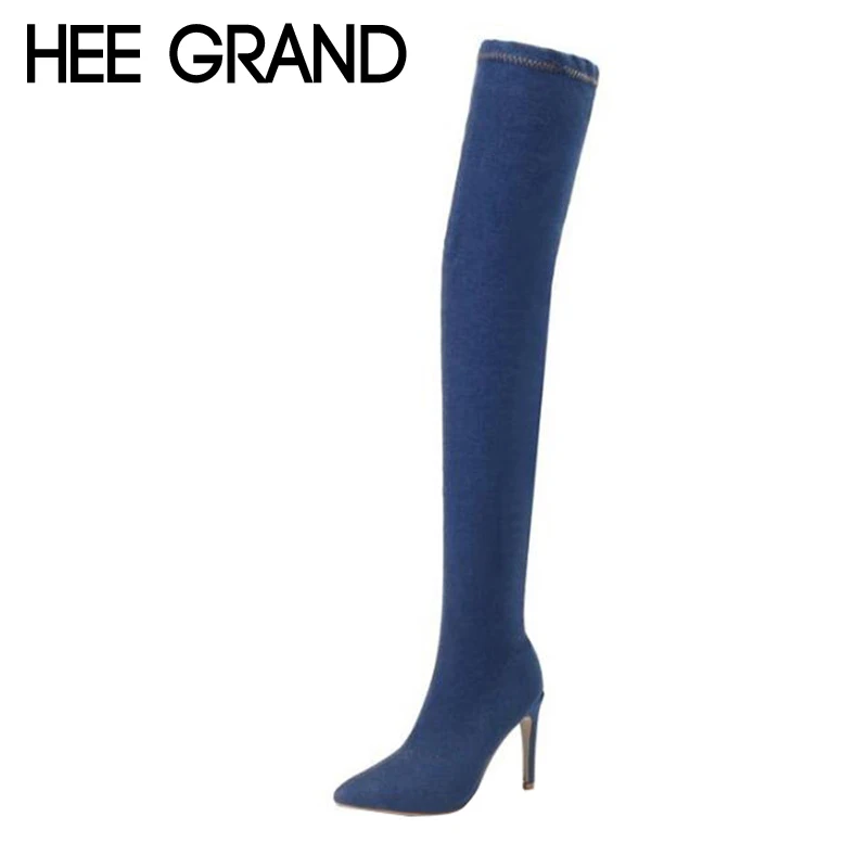 

HEE GRAND Women High Boots Denim Motorcycle Boots Sexy Woman Over-the-Knee Thin High Heel Fashion Boots XWX6364