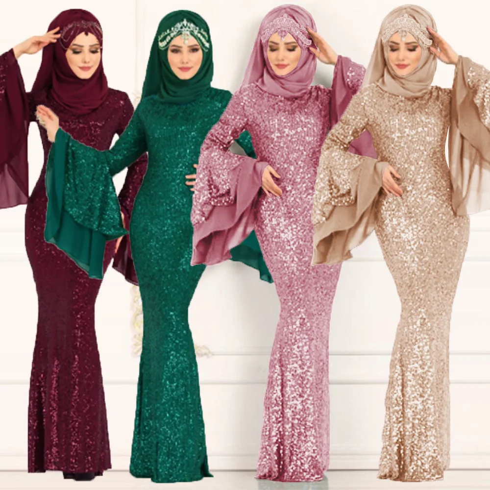 

2019 new elegent fashion style muslim women sequined plus size long abaya S-5XL