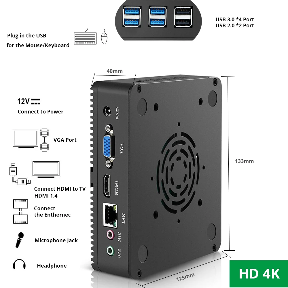  xcy Fanless Mini PC computer Windows 10 Core i3 4010Y i5 4210Y i7 4610Y Dual Cores WIFI HDMI VGA HT