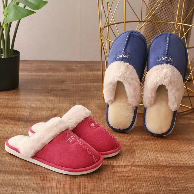 Home Winter Micro Suede Upper Fur Plush Warm Home Indoor Winter Leather Man Women Soft Slippers (1)