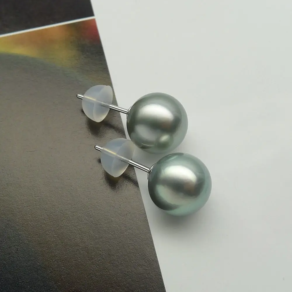 Free Shipping Authentic Green Tahitian Cultured Pearl Ear Stud Earrings 18k White Gold 9-9.5mm | Украшения и аксессуары