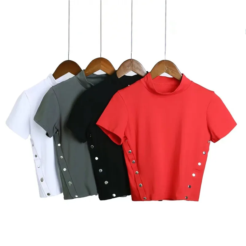 

Women Summer Crop Tops Short Low Cut Tanks Top High-necked Street Hip Hop Cool Tee Shirt Girls Rivet Button Cotton Tee Clothing