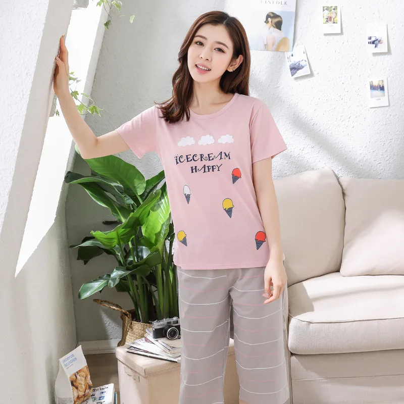 Новинка года; летний пижамный комплект из хлопка для женщин; Милая футболка с короткими рукавами и рисунком+ укороченные брюки; комплект из двух предметов; модная домашняя одежда - Цвет: 856