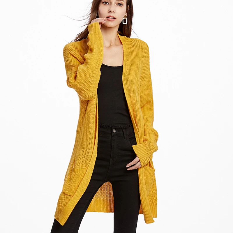 Женский длинный вязаный кардиган, Свитера с длинным рукавом, свободный свитер, пальто с карманами, новинка, женский желтый свитер, пальто, уличная одежда