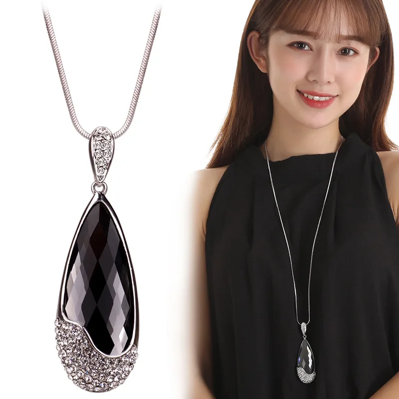 Vintage Statement Big Water Drop Pendant Necklace Austrian Crystal Rhinestone Long Tassel