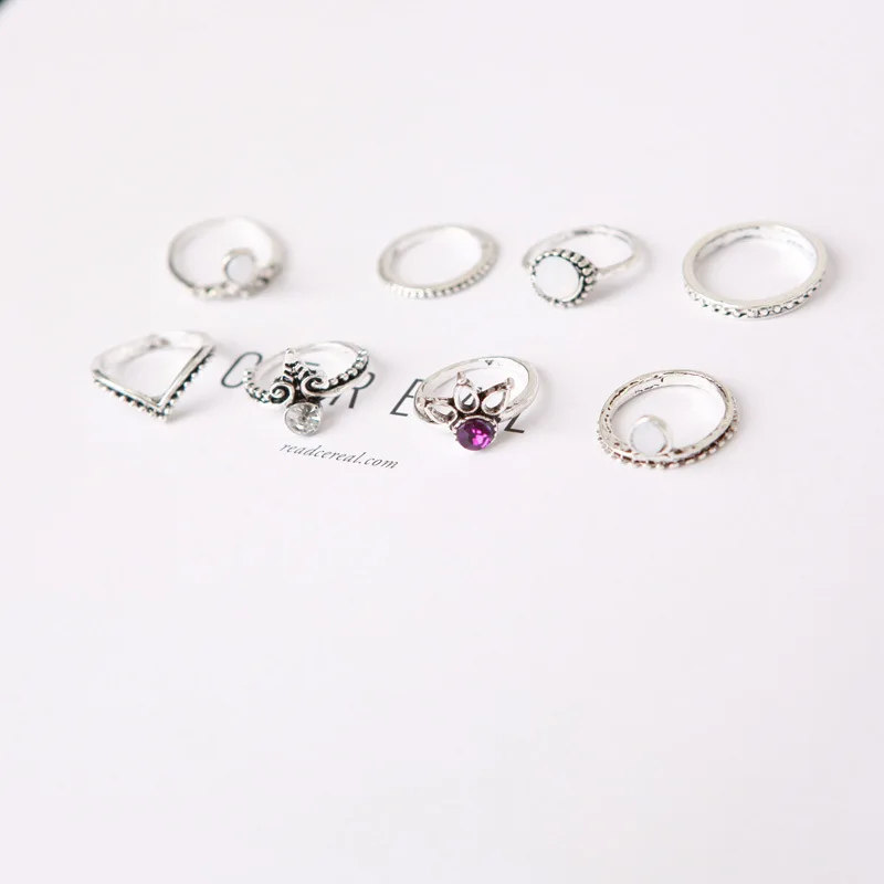 

8 pcs / set Bohemian Style Round Rhinestone Ring Jewelry Boho Vintage Punk Color Midi Gold Finger Rings For Women Bague nj11