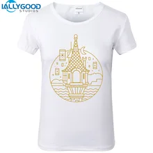 New Summer Castle T-shirt Women Print Geometry Line art T-Shirt Short Sleeve Cotton Tops Slim White T shirts S682-684