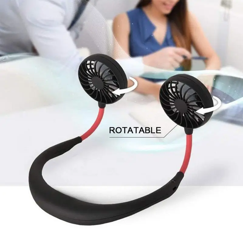 Cool USB Rechargeable Neckband Lazy Wireless Neck Hanging Style Dual Cooling Fan