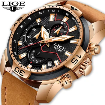 

LIGE New Men Watches Top Brand Luxury Leather Quartz Clock Male Sport Waterproof Men Fashion Gift Gold Watch Relogio Masculino