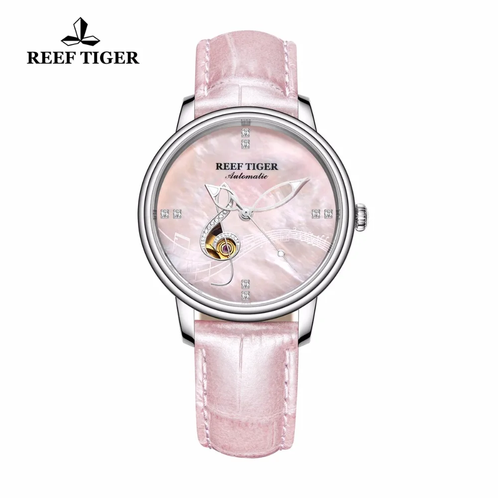 

Reef Tiger/RT Top Brand Women Pink Dial Genuine Leather Strap Watches Mechanical Analog Watches relogio feminino RGA1582