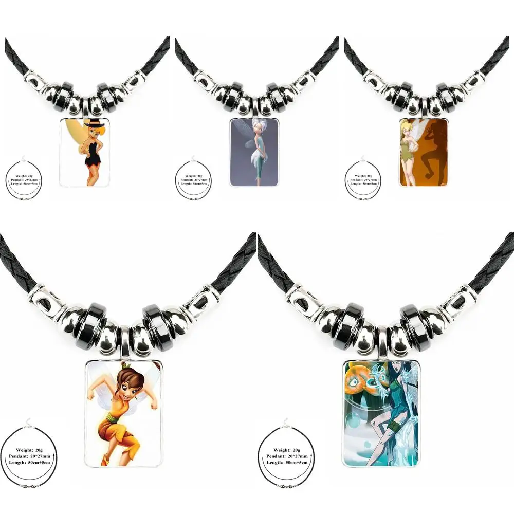 

Tinker Bell Happy Fairy For Women Party Gift Necklace Glass Cabochon Black Leather Bead Pendant Chain Vintage Choker Statement