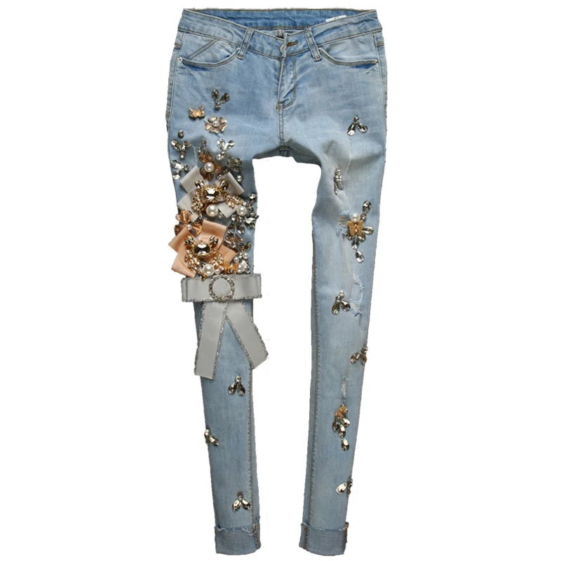 Модные брендовые женские высокого класса люкс Алмазный бисера стразы тонкие ноги джинсы женские