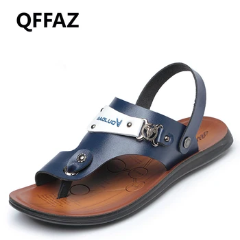 

QFFAZ New Fashion Men Sandals Casual Shoes Leather Classic High Quality Solid Soft Male Beach Sandals Breathable Flats Shoes