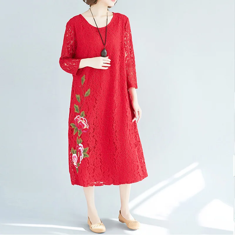 

Mori Girl Summer Elegant Red White Dress O Neck Lace Empire Embroidery Print floral Hem Artsy Retro Women Dress