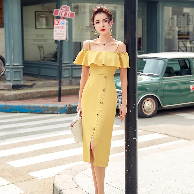 

New French Lotus Leaf Outside Shoulder Button Two Slender Dresses for Women In Summer of 2019 Slash Neck Zippers Women Dress