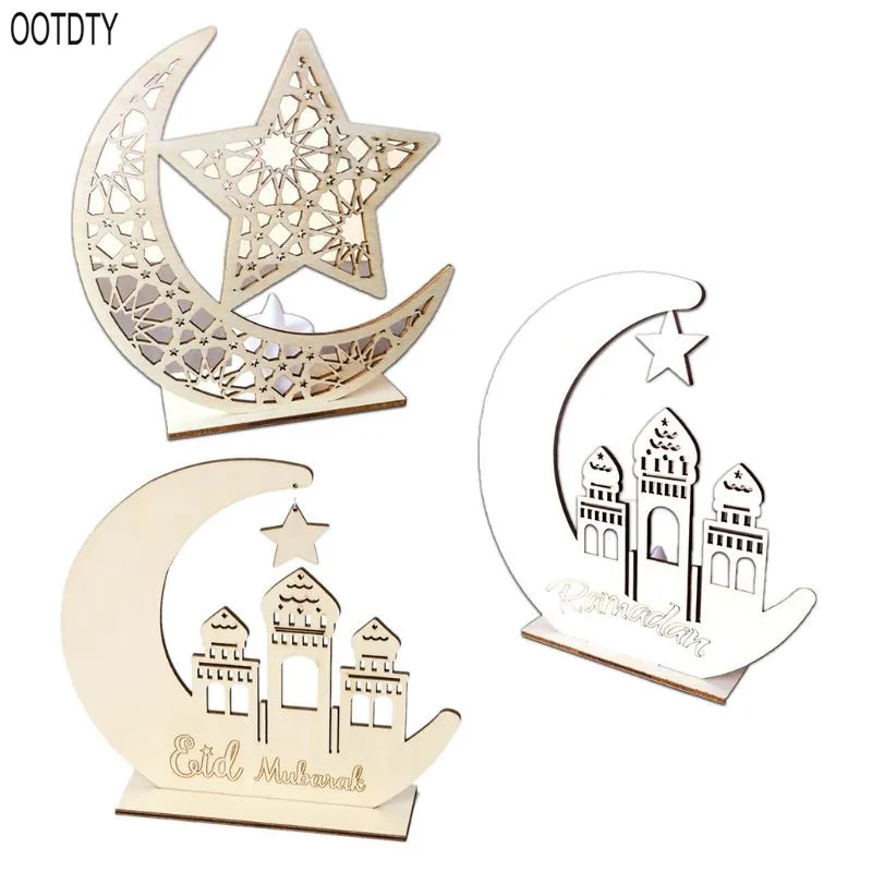 

Wooden Ramadan Eid Mubarak Moon Star Islam Hanging Pendant Plate With LED Light Ornament Home Decor DIY Gift