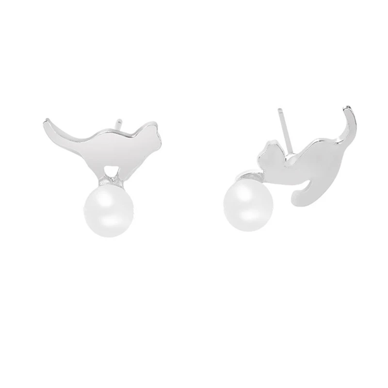 

Lovely Jewelry Pearl Cat Studs Earrings ear post Asymmetric Cats Earrings