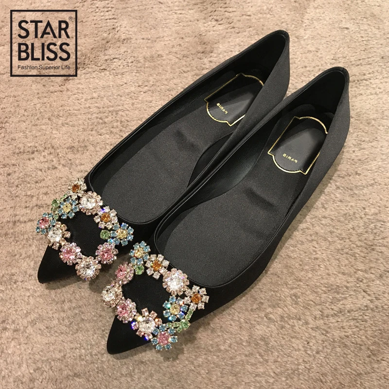 

luxury brand satin square buckle crystal diamond pointed flat shoes casual fashion shallow mouth single shoes female business