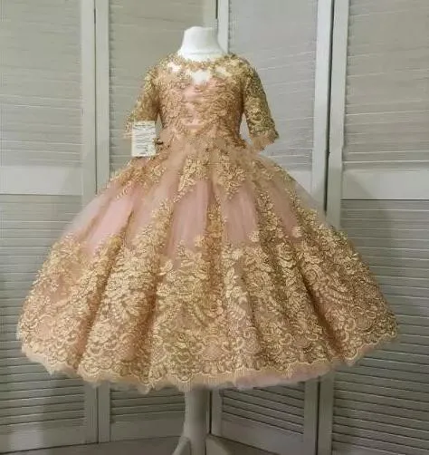 

Blush Puffy Princess Flower Girls Dresses 2019 Real Image Luxury Gold Lace Applique Baby Girls Birthday Party Gown Custom Made