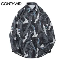 GONTHWID японский Летающий журавль печатных рубашки с длинным рукавом мужские Гавайские рубашки в стиле Харадзюку мужские повседневные рубашки уличная одежда