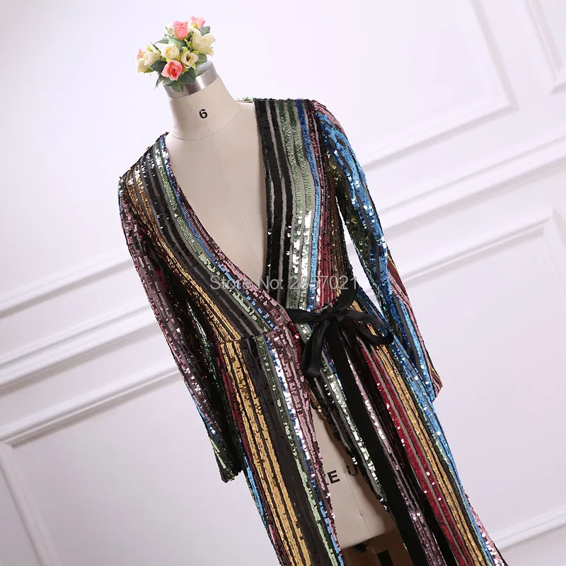 Multi Красочные блестками ткани плюс Размеры Формальные Вечерние платья v-образным вырезом одежда с длинным рукавом индивидуальный заказ Выпускные платья Robe De Soiree