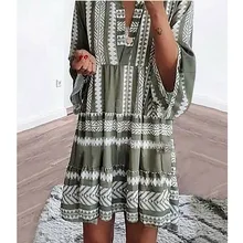 Модные женские повседневные платья Boho с оборками в стиле пэчворк с v-образным вырезом, свободный с короткими рукавами, летние повседневные платья, новое поступление