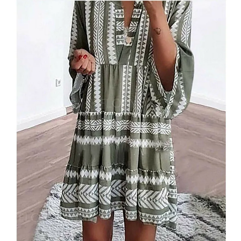

2019 Fashion Women Casual Boho Ruffles Patchwork V-Neck Half Sleeves Loose Summer Casual Dresses New Arrival