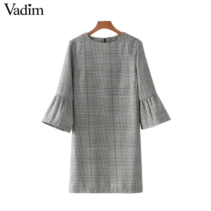 Vadim женское винтажное платье с расклешенными рукавами и рисунком «гусиная лапка», базовые клетчатые брендовые осенние мини-платья vestidos mujer QZ3247