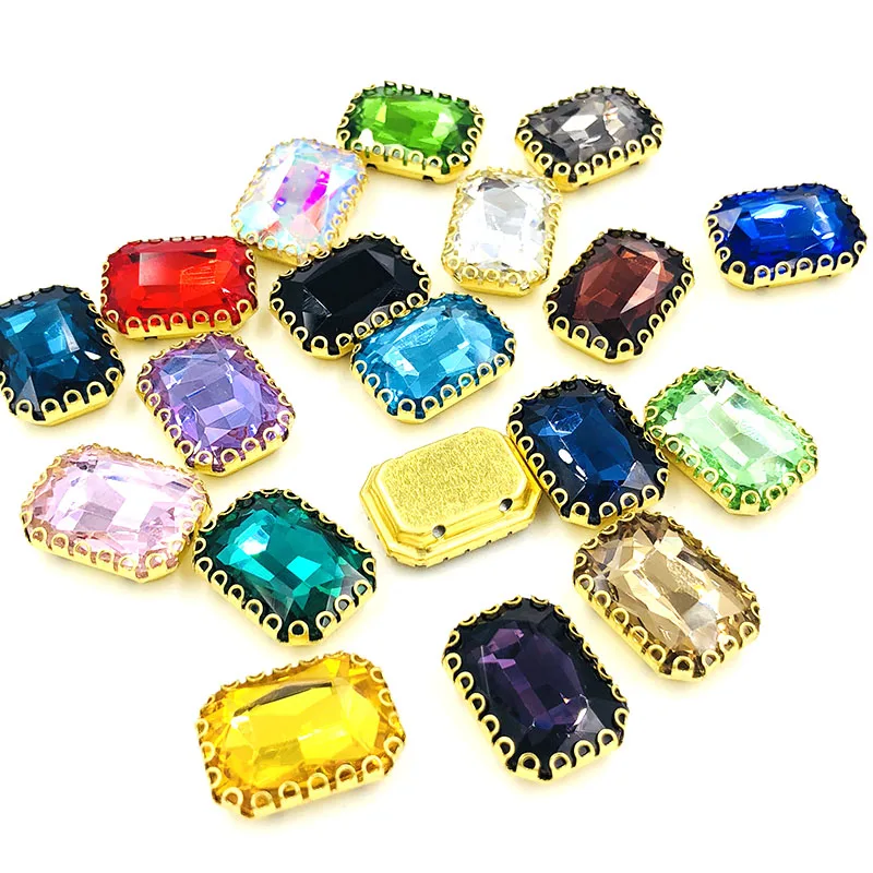 Free shipping 8X10mm/10X14mm/13X18mm Rectangle flatback sew on rhinestones Lacy shape claw gold base with hole DIY Accessories