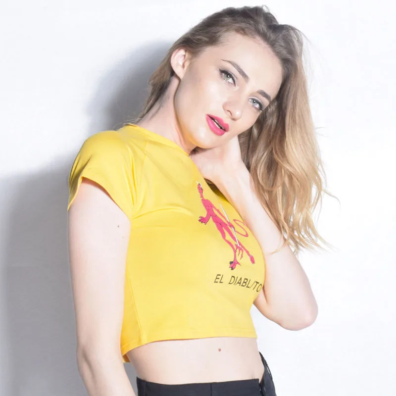  EL DIABLITO Letter Print Yellow T Shirt Crop Top Women Short Sleeve Casual Cropped Shirt 2018 Summer Harajuku Devil Tees
