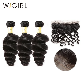 

Wigirl Loose Wave 8- 28 Inch 3 Bundles Remy Human Hair Bundles With 13x4 Lace Frontal Closure Bleached Knots