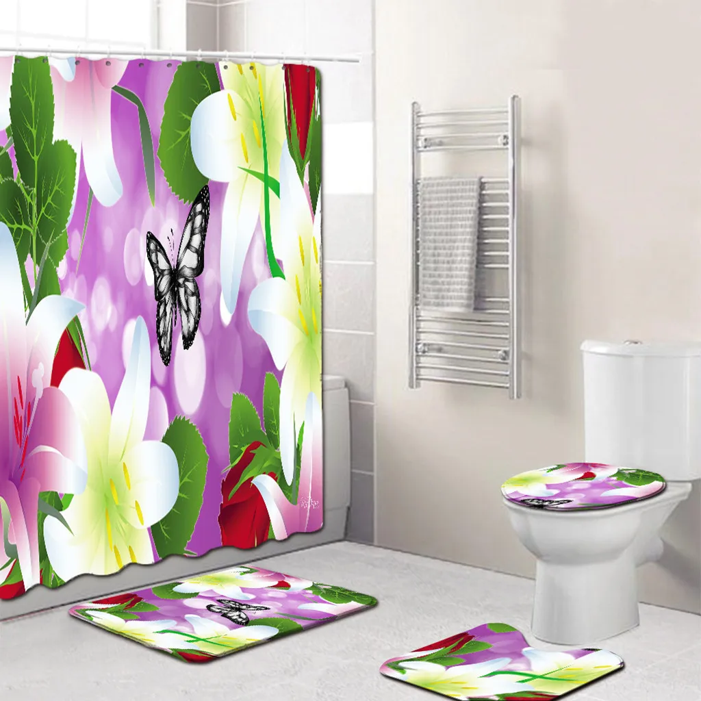 Набор из 4 предметов, красивые цветы, занавески для ванной, набор, Нескользящие, с рисунком бабочки, занавески для туалета, занавески для душа, набор ковриков
