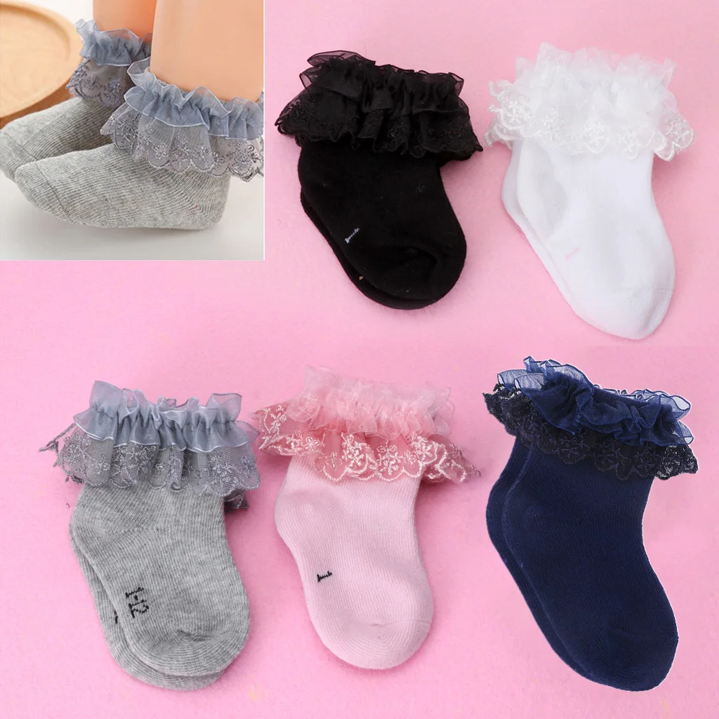 Cute Decorative Baby Girl Pink Frilly Lace Spanish Style Ankle Socks