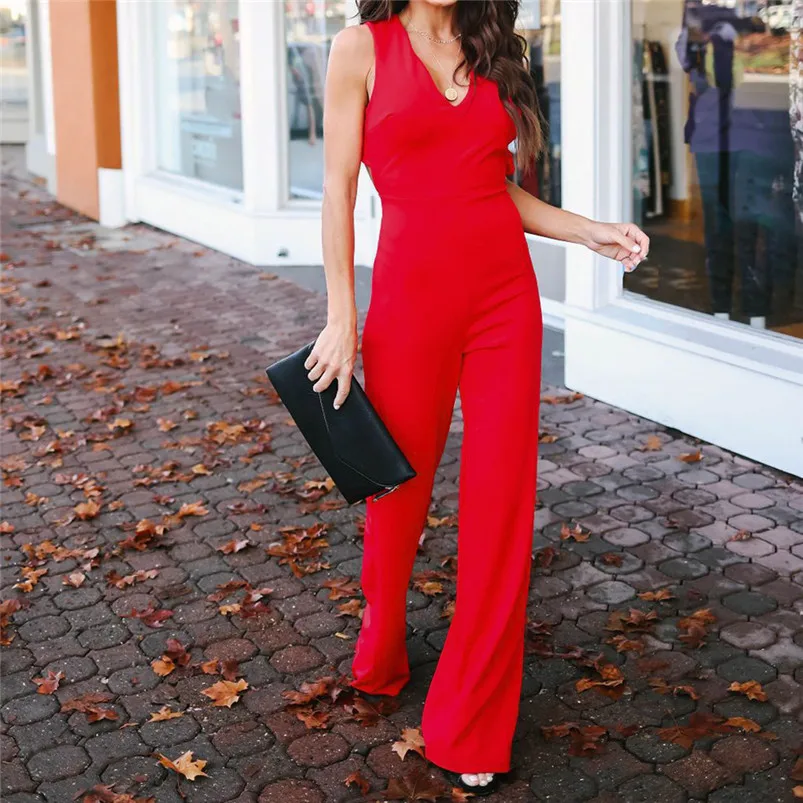 Summer Sleeveless elegant jumpsuit Womens V-Neck Solid Backless Long Playsuit Ladies Sexy loose Jumpsuit Red Clothes R04 (8)