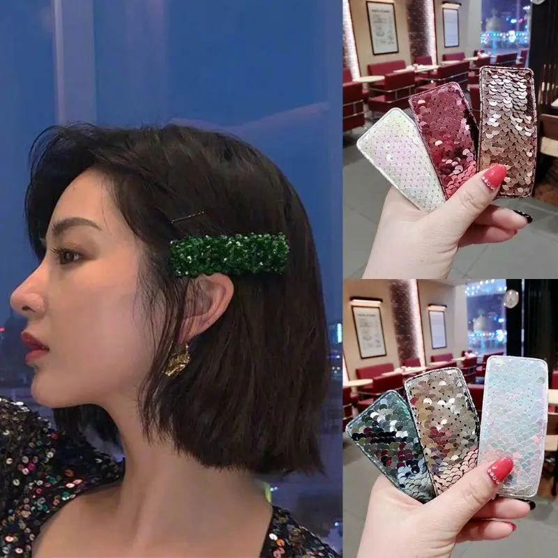 

Womens Large Size BB Hair Clips Fish Scales Sequins Gradient Colored Snap Barrettes Rectangle Glitter Party DIY Styling Hairpins