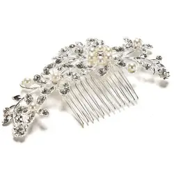 С серебряным покрытием Кристалл Имитация Перл гребни для волос цветочный свадебная тиара игристого шпилька