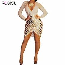 Plus Size Dress Women Sexy Evening Deep V neck Gold Foil Plaid Party Dress Women Clothing