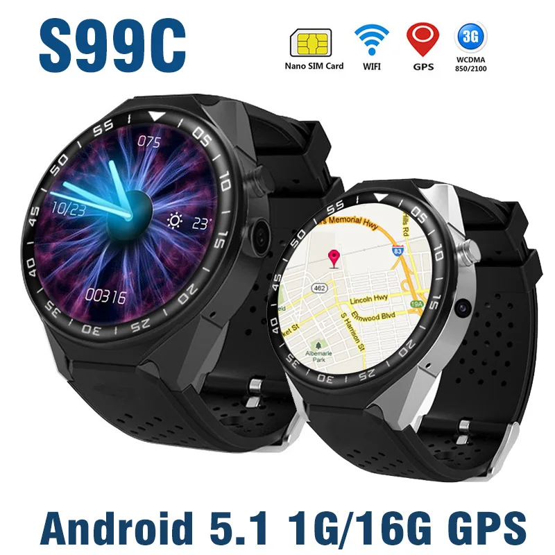 

S99C 3G WIFI GPS Smart Watch Android 5.1 Bluetooth Phone Watch Camera RAM1G ROM 16G Heart Rate Tracker Smartwatch Video SIM Card