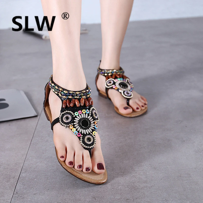 

Multicolored Sandals Flat Summer Shoes Woman 2019 Women's All-Match Flip Flops Platform Pearl Flower Sale Ladies Low Comfort