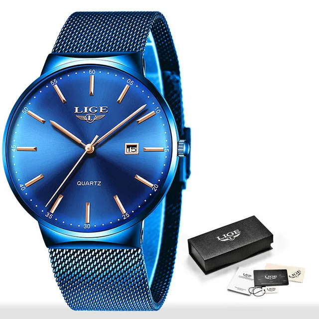 LIGE Лидирующий бренд новые ультра тонкие модные кварцевые мужские часы Роскошные Синие водонепроницаемые часы ремешок из нержавеющей стали Relogio Masculino - Цвет: blue