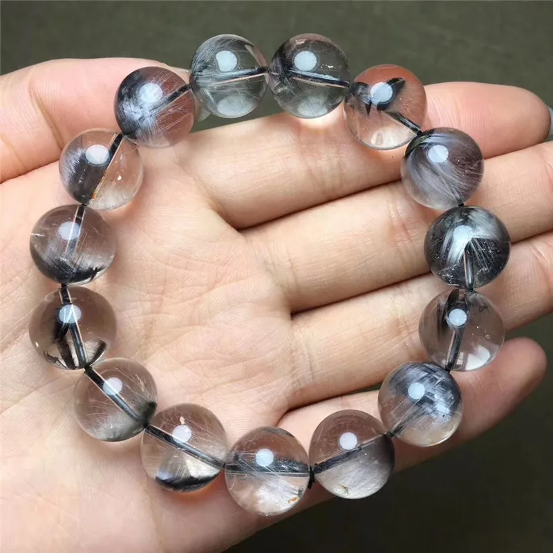 

Natural Brookite Platinum Silver Rutilated Quartz Crystal Bracelet 14mm Round Beads Woman Man Party Lucky Gift Stretch Jewelry