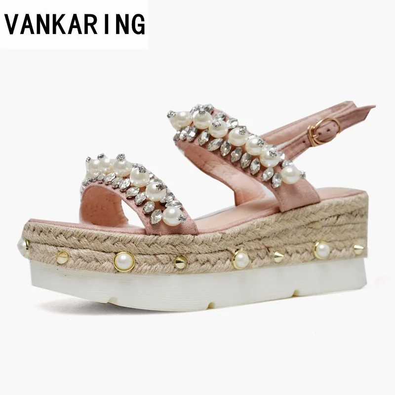 VANKARING new genuine leather women sandals sexy wedges high heels platform summer shoes woman dress party wedding shoes sandals