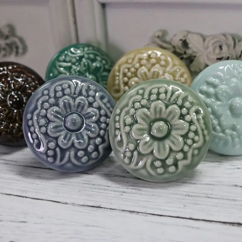 

American Round Ceramic Handle Plum Embossed Single Hole Drawer Door Retro Rural Children's Room Wardrobe Shoe Rack Pull