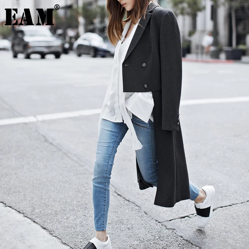 

[EAM] 2019 New Autumn Winter Lapel Black Double Breasted Irregular Split Joint Loose Long Jacket Women Coat Fashion JG667