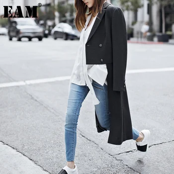 

[EAM] 2020 New Spring Autumn Lapel Black Double Breasted Irregular Split Joint Loose Long Jacket Women Coat Fashion JG667