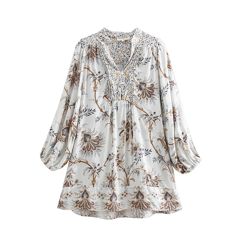 2019 Women Sweet Position Patchwork Floral Print Casual Blouse Shirt Women V Neck Pleats Blusas Chic Holiday Chemise Tops Ls3252 Women's Clothing