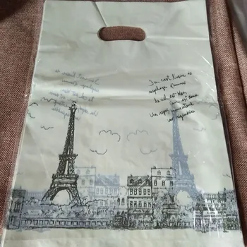 

50pcs/lot 25x35cm Eiffel Tower Print Yellow Plastic Shopping Bag Boutique Clothes Gifts Packaging Bags Favor Plastic Gift Bags