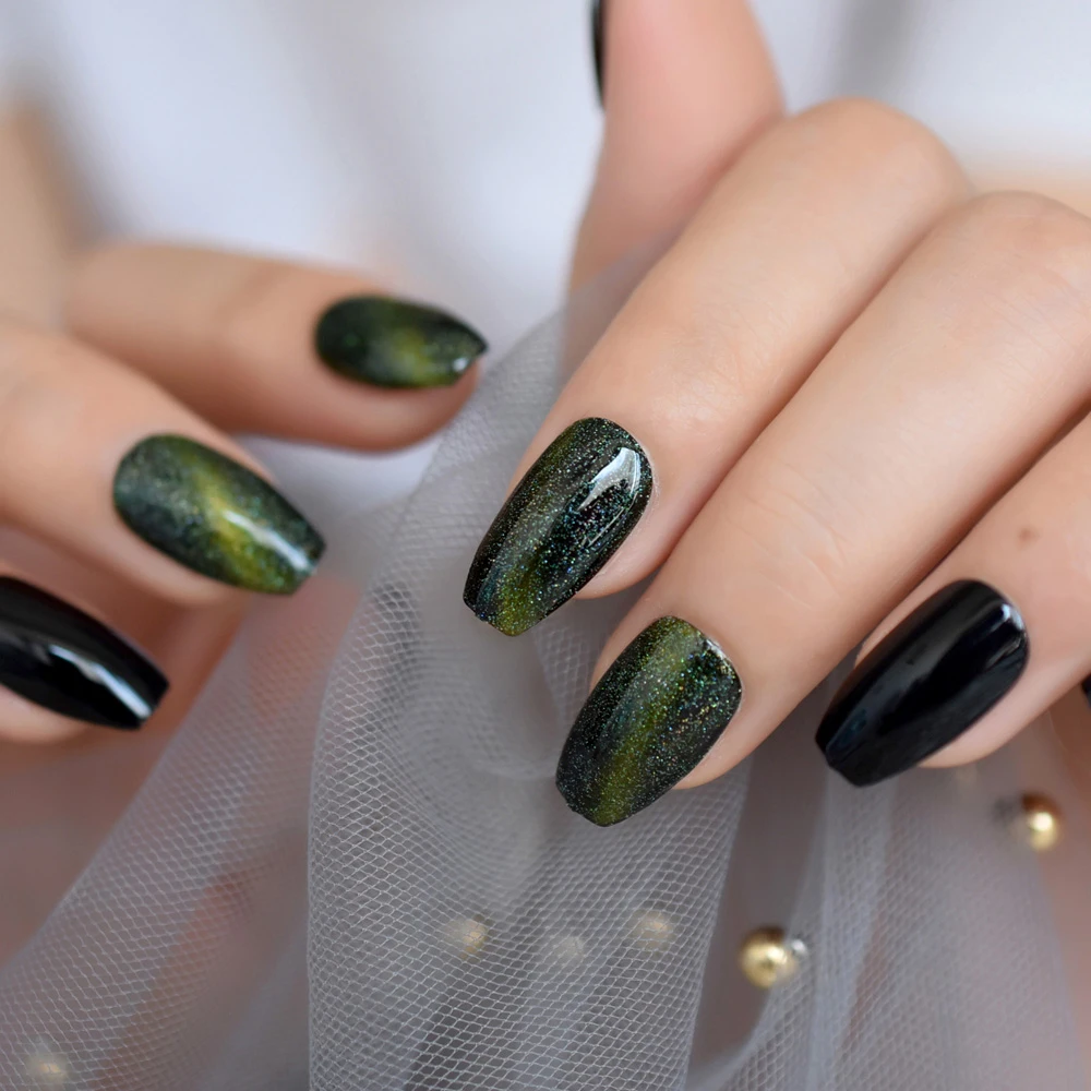 Black Uv Gel Ballerina Fake Nails Medium Galaxy Green Glitter Cat Eyes Designed Acrylic Nail Art Tips With Gluetabs 24 False Nails Aliexpress