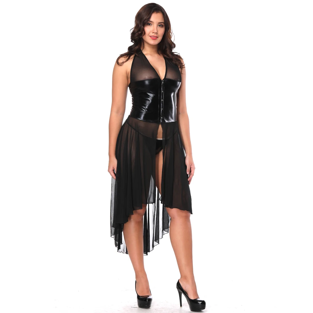 

Fashion Sexy Wet Look and Sheer Opaque Voile Pleated Front Open Sleeveless Long Dress Night Club Disco Dancing Clubwear